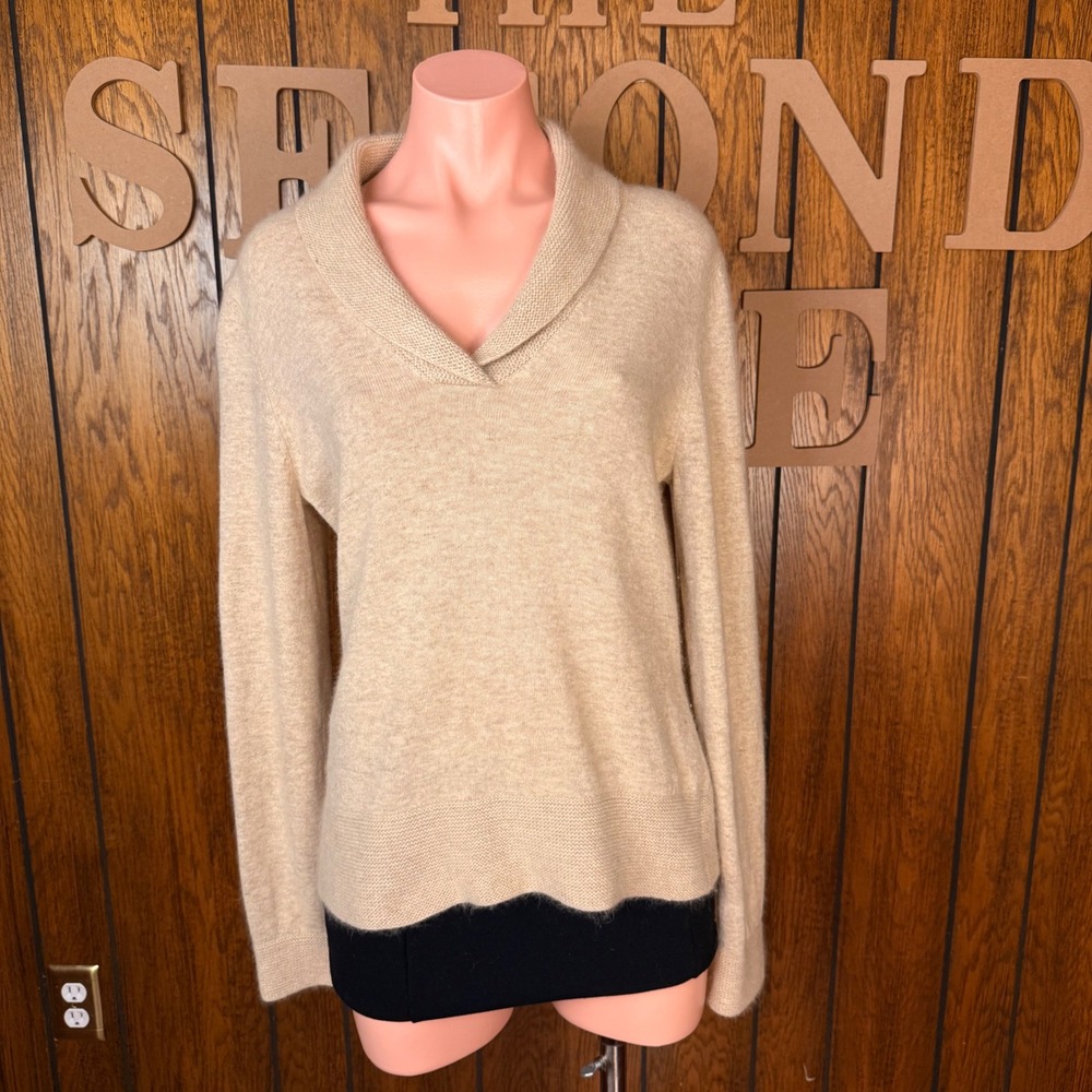 Sarah Spencer Sweater Women M Beige Angora Wool Shawl Collar Chic Quiet Luxury